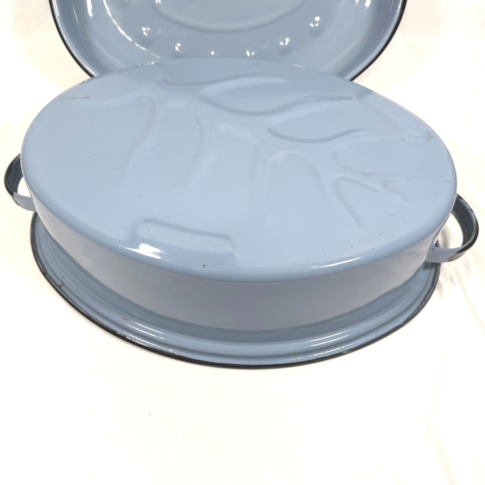 Vintage Enamelware Oval Roasting Pan with Lid Blue Farmhouse Large 16.5in Roastr - Picture 10 of 14